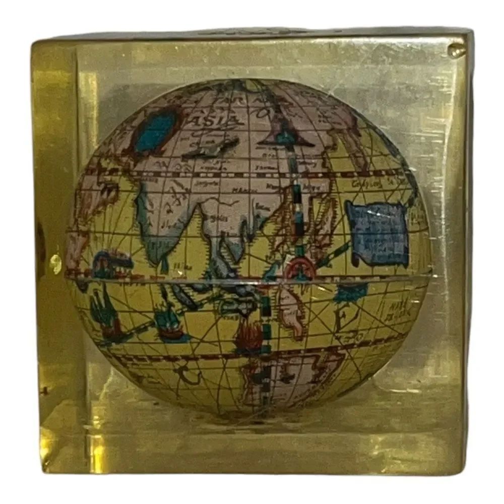 Lucite World Earth Acrylic of Antique Globe Cube Vintage Paperweight EUC